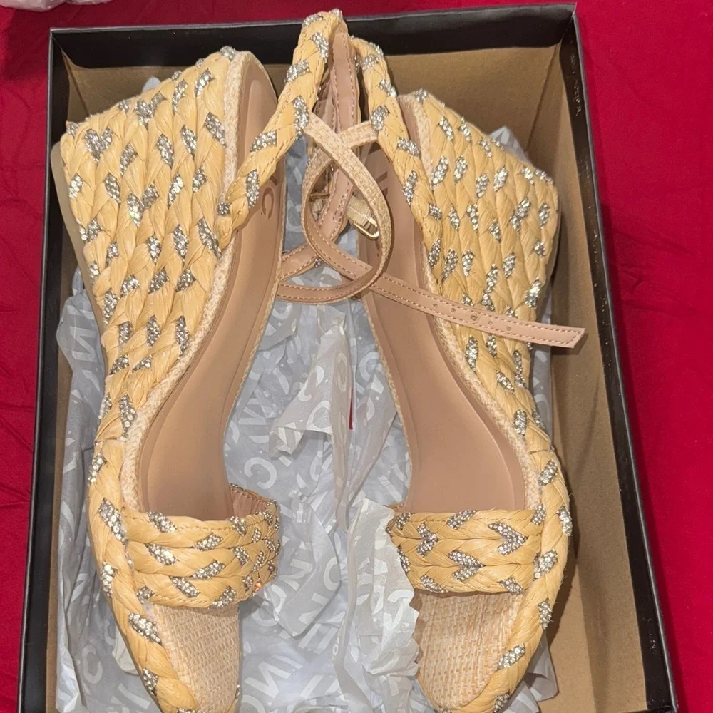INC International Concepts Tan and Silver Woven Wedges